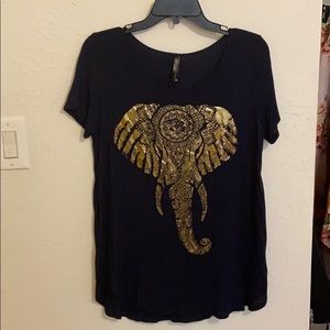 Flowy navy blue shirt with beautiful gold elephant